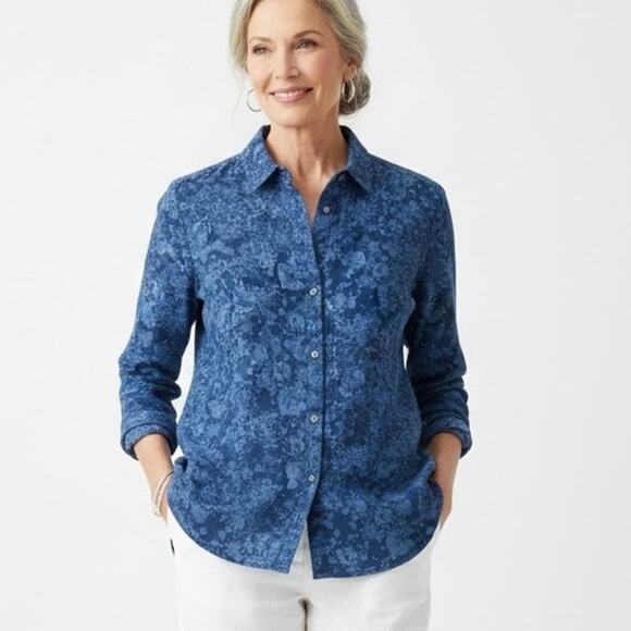 Pure Jill 100% Cotton Floral Button Down Tunic Top Womens XL Blue Coastal - Picture 1 of 7